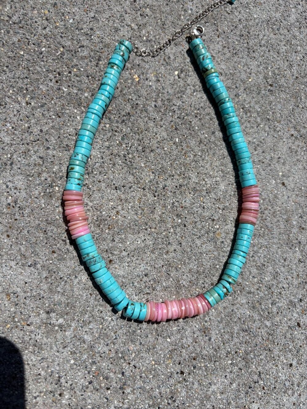 Turquoise and light pink heishi necklace with sterling silver chain, 17"